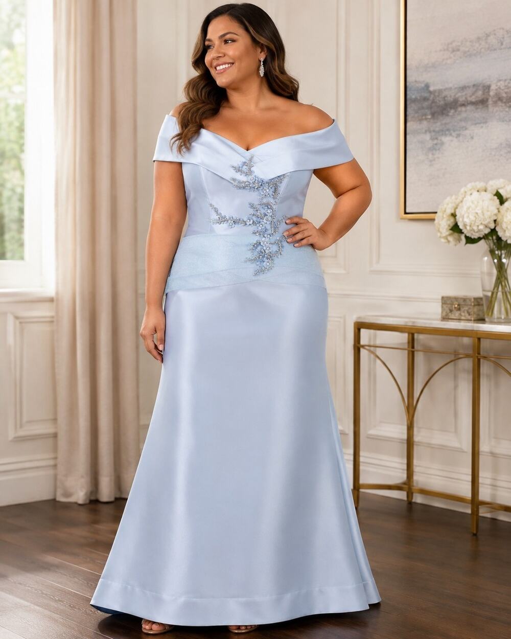Betsy & Adam Women 22W Blue Embellished Formal Evening Gown Off Shoulder